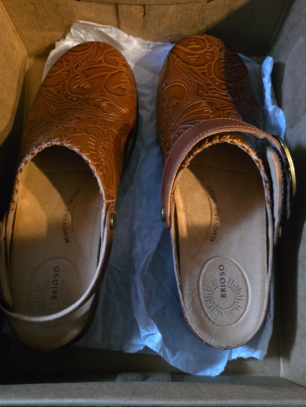 Women's Tan Embossed Leather Clogs